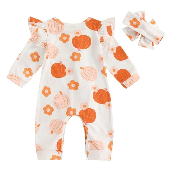 Elippeo Baby Girl Fall Outfit 3 6 12 18 Months Long Sleeve Pumpkin Flower Print Jumpsuit with Headband Halloween Clothes