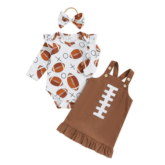 Elippeo Baby Girl Fall Outfit Football Print Long Sleeve Romper with Ruffled Overalls Dress and Bow Headband 3 Pcs Set 3 6 12 18 Months