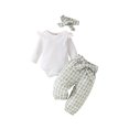 thumbnail image 1 of Elippeo Baby Girl Fall Outfit, Long Sleeve Ribbed Romper 3 6 12 18 24 Months Checkerboard Pants Daisy Headband Belt 4 Piece Set, 1 of 10