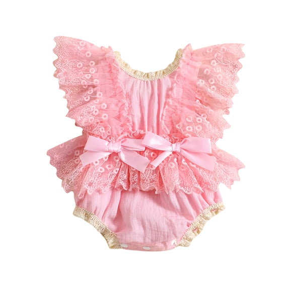 Elippeo Baby Girl Floral Lace Jumpsuit 3 6 12 18 Months  Summer Casual Bow Ruffles Flying Sleeves Rompers for Toddler