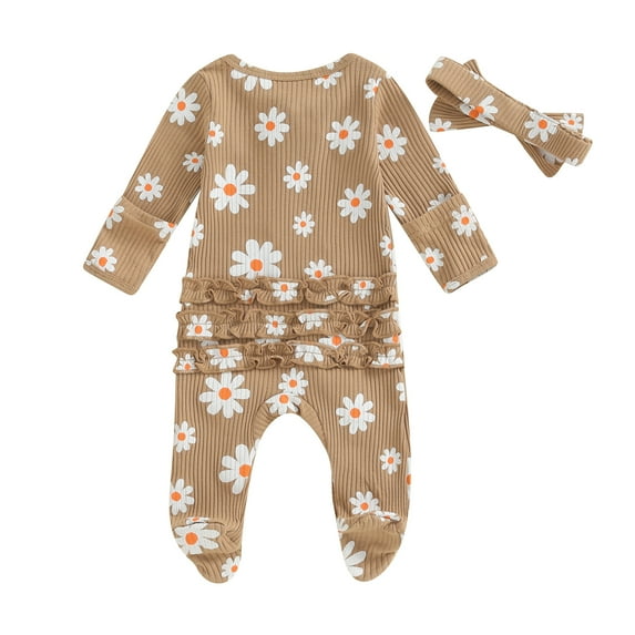 Elippeo Baby Girl Footies Rompers 3 6 9 Months Flower Print Crew Neck Long Sleeve Ruffles Jumpsuits Fall Clothes Bodysuits with Headband
