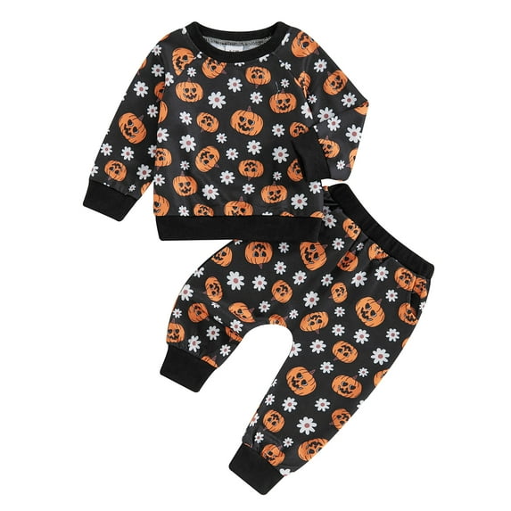 Elippeo Baby Girl Halloween Outfits Long Sleeve Pumpkin Floral Print Tops + Pants Set Toddler Clothes 6 12 18 24 Months 3 4 Years