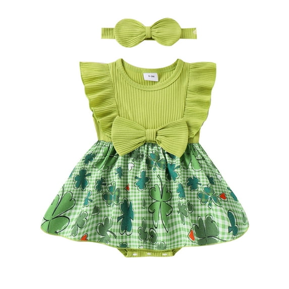 Elippeo Baby Girl Irish Day Outfits 3M 6M 9M 12M 18M Clover Print St Patricks Day Ribbed Romper Dress and Headband Set Cute Fashion Summer Clothes
