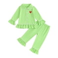 thumbnail image 1 of Elippeo Baby Girl Pajamas 18M 2Y 3Y 4Y 5Y 6Y Long Sleeve Lapel Ruffle Hem Buttons Red Tops + Pants Suit, 1 of 10