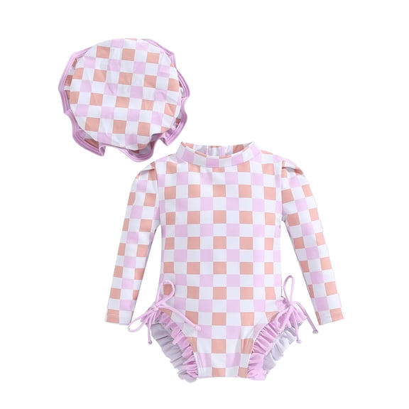 Elippeo Baby Girl Rash Guard Swimsuit 3 6 12 18 24 Months Long Sleeve Floral/Ice Cream Print Bathing Suit Infant Swimwear with Sun Hat