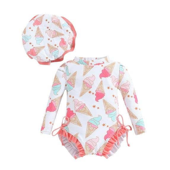 Elippeo Baby Girl Rash Guard Swimsuit 3 6 12 18 24 Months Long Sleeve Floral/Ice Cream Print Bathing Suit Infant Swimwear with Sun Hat