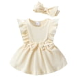 thumbnail image 1 of Elippeo Baby Girl Summer 2Pcs Outfit 3 6 12 18 Months Solid Ribbed Ruffled Sleeveless Bow Romper Dress with Headband, 1 of 9