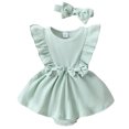 thumbnail image 1 of Elippeo Baby Girl Summer 2Pcs Outfit 3 6 12 18 Months Solid Ribbed Ruffled Sleeveless Bow Romper Dress with Headband, 1 of 9