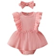 thumbnail image 1 of Elippeo Baby Girl Summer 2Pcs Outfit 3 6 12 18 Months Solid Ribbed Ruffled Sleeveless Bow Romper Dress with Headband, 1 of 9