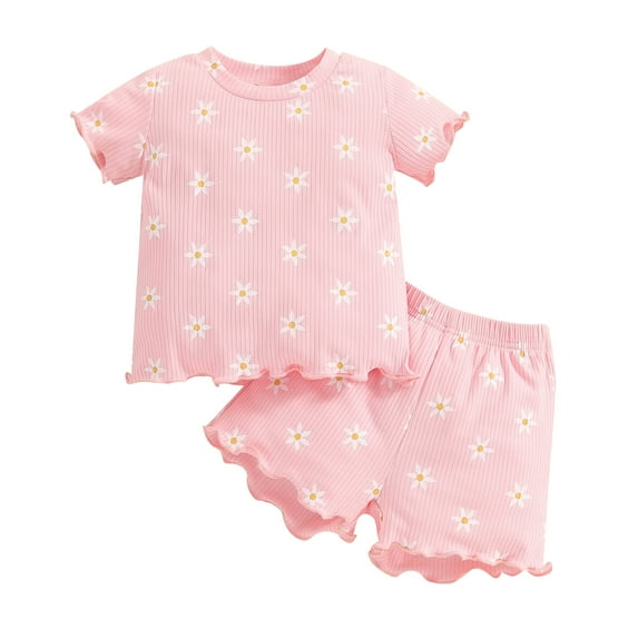 Elippeo Baby Girl Summer Outfits 6 12 18 24 Months 3 4 Years Short Sleeve Lettuce Trim Floral Tops + Shorts Set Infant Clothes