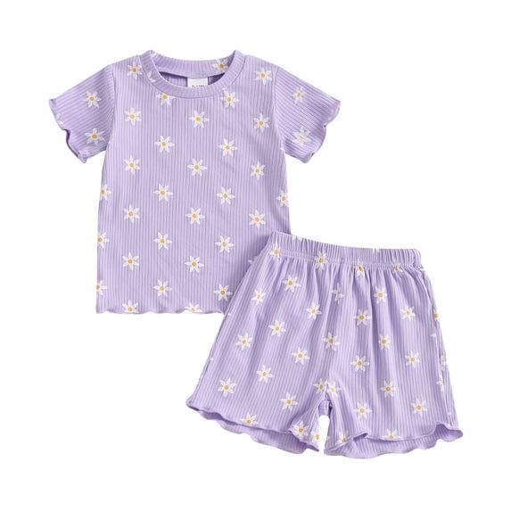 Elippeo Baby Girl Summer Outfits 6 12 18 24 Months 3 4 Years Short Sleeve Lettuce Trim Floral Tops + Shorts Set Infant Clothes