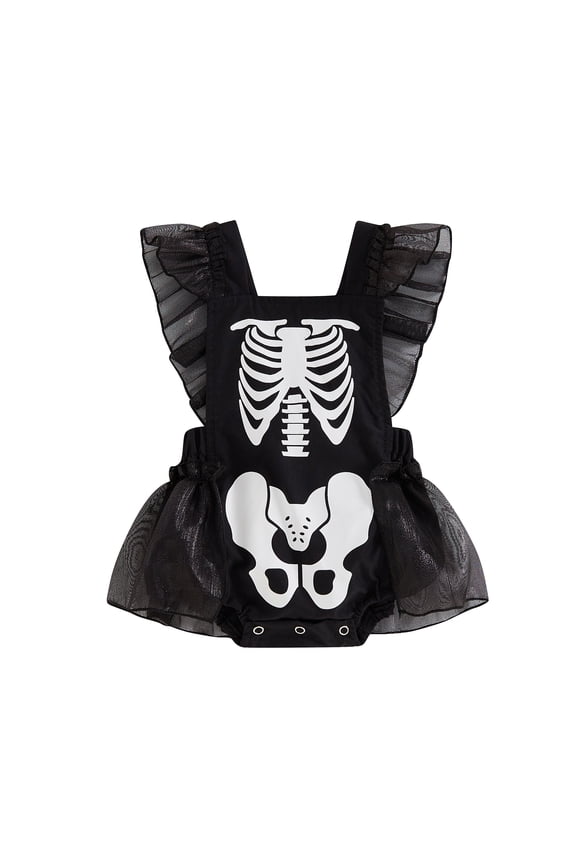 Baby Girl Summer Romper Overalls Casual Halloween Skeleton Print Ruffles Jumpsuit for Newborn Toddler Cute Clothes 3 6 12 18 Months