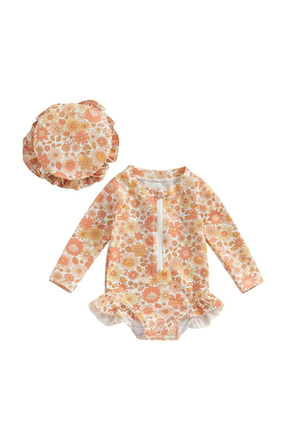Baby Girl Swimsuit 6M 9M 12M 18M 24M 3Y Flower Set Round Neck Long Sleeve Front Zipper Swimsuit + 3D Bow Swimming Cap Bathing Suit Beach Wear