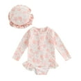 thumbnail image 1 of Elippeo Baby Girl Swimsuits 6 9 12 18 24 Months	3 Years Summer Floral Print Ruffled Jumpsuit and Swim Cap Set for Toddler Bathing Suits Beachwear, 1 of 10