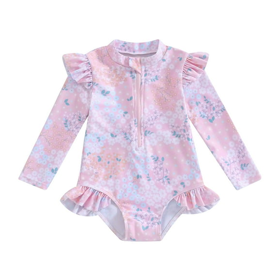 Elippeo Baby Girl Swimsuits Summer Ruffle Floral Print Long Sleeves Zipper Jumpsuit Beachwear for Toddler Bathing Suits
