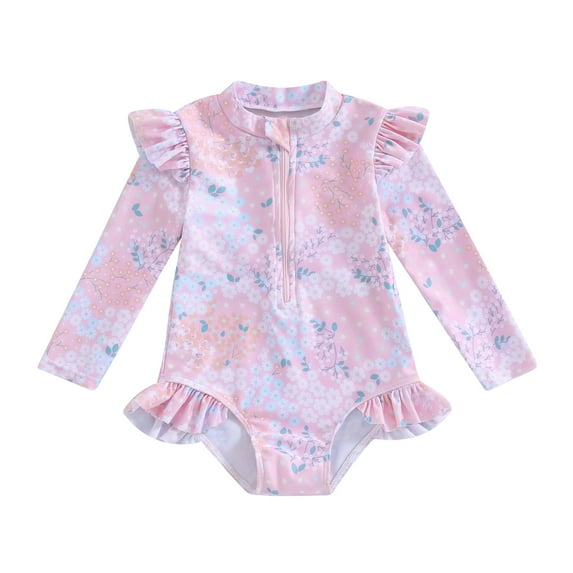 Elippeo Baby Girl Swimsuits Summer Ruffle Floral Print Long Sleeves Zipper Jumpsuit Beachwear for Toddler Bathing Suits