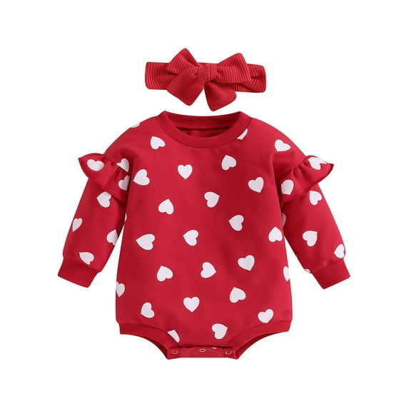 Elippeo Baby Girl Valentine´s Day Outfits 3M 6M 12M 18M Ruffle Long Sleeve Heart Print Romper with Headband Set Infant Clothes
