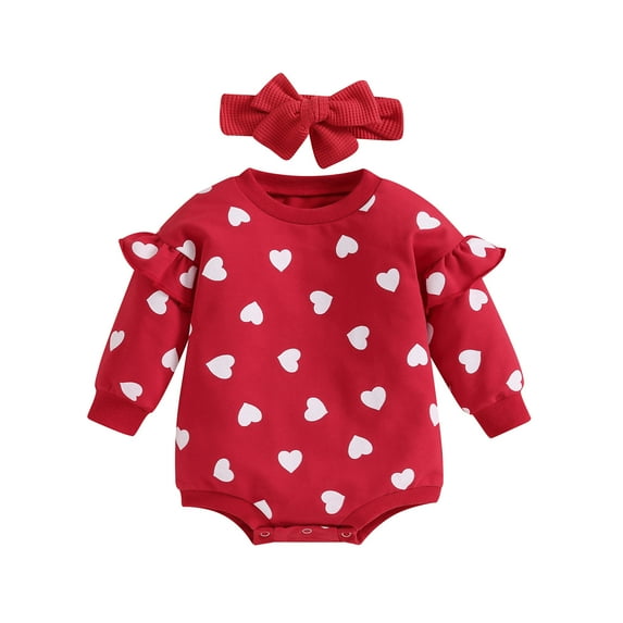 Elippeo Baby Girl Valentine´s Day Outfits 3M 6M 12M 18M Ruffle Long Sleeve Heart Print Romper with Headband Set Infant Clothes
