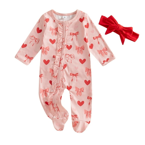 Elippeo Baby Girl Valentine’s Day Outfits Long Sleeve Heart Bow Print Ruffle Jumpsuit with Headband Set Newborn Clothes