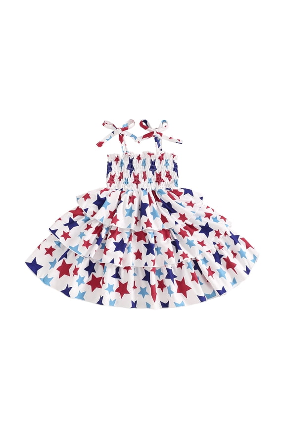 Baby Girl's 4th of July Dress 6 9 12 18 24 Months 3 Years Star Print Shirred Square Neck Tie-Up Spaghetti Strap Layered Dress Toddler Summer Clothes