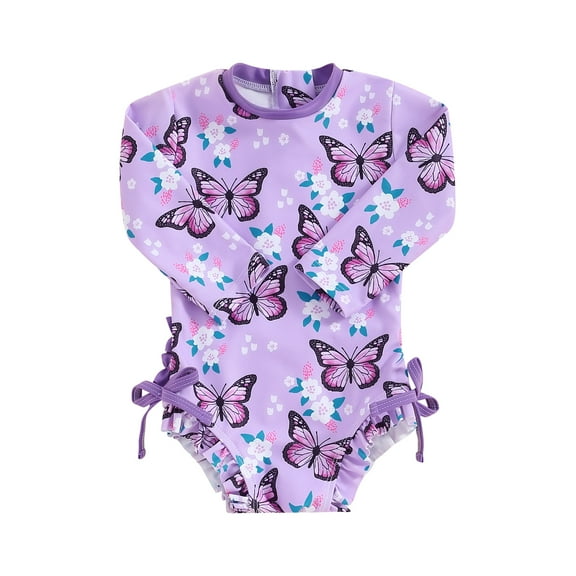 Elippeo Baby Girl’s Bikini 6 12 18 24 Months	3 Years Long Sleeve Flower Butterfly Print Bow Summer Swimming Bathing Swimsuit Swimwear