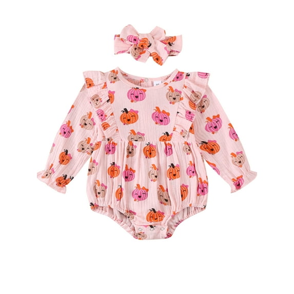 Elippeo Baby Girls 2Pcs Halloween Outfits Ruffle Long Sleeve Pumpkin Print Romper with Headband Set Newborn Clothes 3 6 9 12 Months