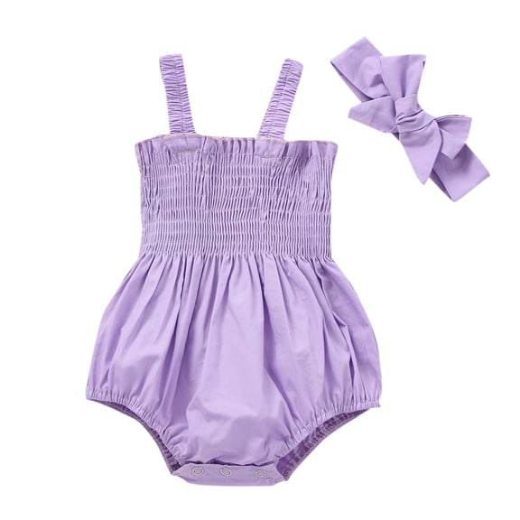 Elippeo Baby Girls 2Pcs Summer Outfits 3 6 12 18 Months Sleeveless Frill Smocked Strap Romper with Headband Set