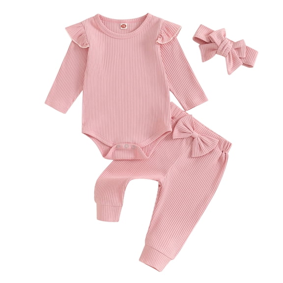 Elippeo Baby Girls 3Pcs Fall Outfits 3M 6M 9M 12M 18M Long Sleeve Romper Bow Pants Headband Set Infant Clothes