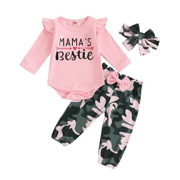 Elippeo Baby Girls 3Pcs Fall Outfits Long Sleeve Romper + Camouflage Pants + Headband Set Infant Clothes 3 6 12 18 Months