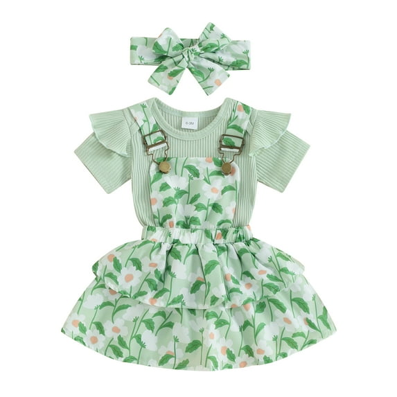 Elippeo Baby Girls 3Pcs Spring Outfits Romper 3 6 12 18 24 Months Floral Suspender Skirt + Headband Set Newborn Clothes