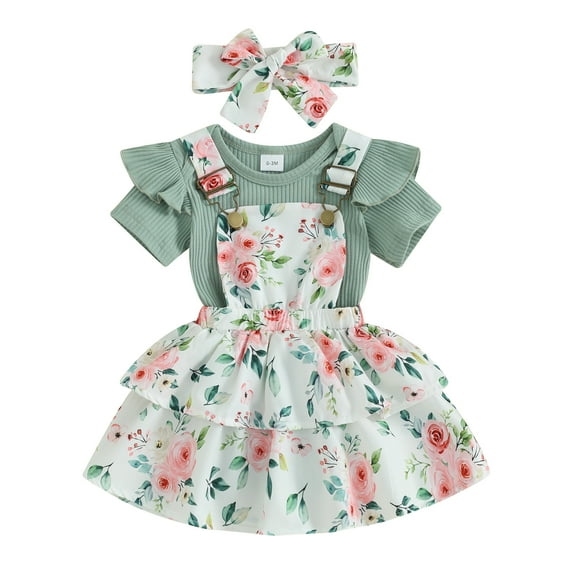 Elippeo Baby Girls 3Pcs Spring Outfits Romper 3 6 12 18 24 Months Floral Suspender Skirt + Headband Set Newborn Clothes