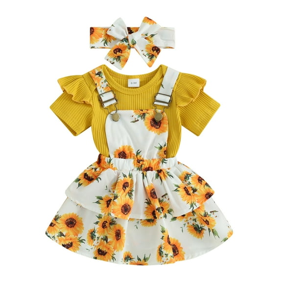 Elippeo Baby Girls 3Pcs Spring Outfits Romper 3 6 12 18 24 Months Floral Suspender Skirt Headband Set Newborn Clothes