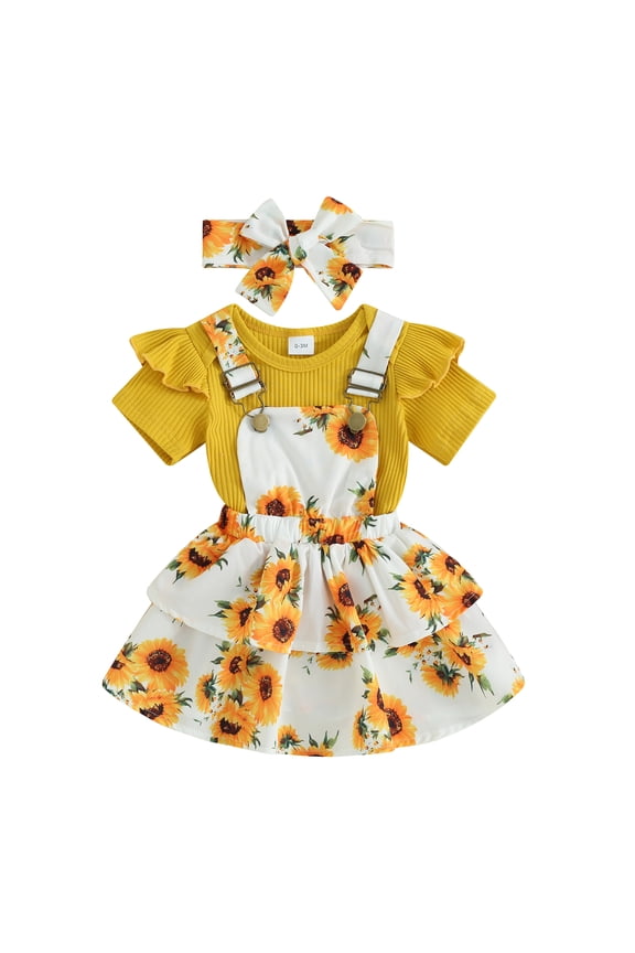 Baby Girls 3Pcs Spring Outfits Romper 3 6 12 18 24 Months Floral Suspender Skirt + Headband Set Newborn Clothes