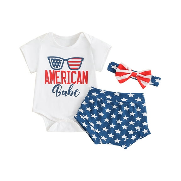 Elippeo Baby Girls 4th of July Shorts Sets 3 6 12 18 Months Short Sleeve Letter Sunglasses Print Romper Stars Print Shorts Headband Sets