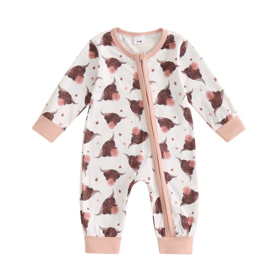 Elippeo Baby Girls Autumn Casual Jumpsuit Long Sleeve Cattle Head/Cow/Cactus Print Oblique Zipper Romper 3 6 12 18 24 Months