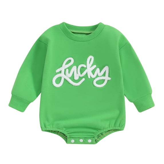 Elippeo Baby Girls Boys Irish Day Romper 3M 6M 12M 18M 24M St Patricks Day Long Sleeve Crew Neck Letter Embroidery Casual Romper
