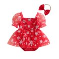 thumbnail image 1 of Elippeo Baby Girls Christmas Casual Romper Dress 3M 6M 12M 18M Short Sleeve Snowflake Print Tulle Romper with Headband, 1 of 9