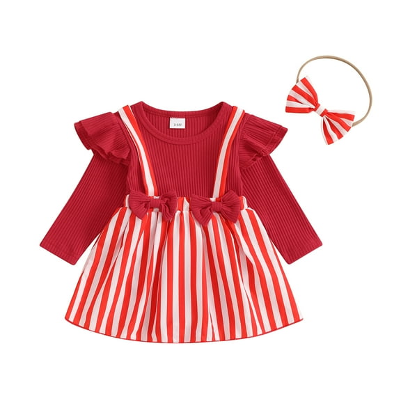 Elippeo Baby Girls Christmas Outfit 3 6 12 18 Months Long Sleeve Striped Romper Dress with Headband Clothing Set