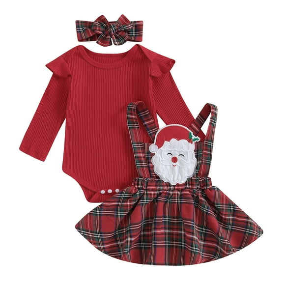 Elippeo Baby Girls Christmas Outfit 3M 6M 12M 18M 24M Long Sleeve Elk/Solid Romper with Plaid Suspender Dress and Headband