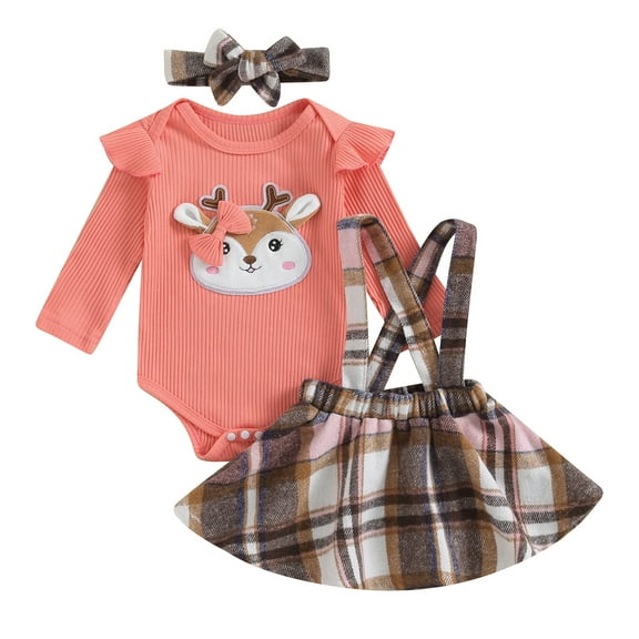 Elippeo Baby Girls Christmas Outfit 3M 6M 12M 18M 24M Long Sleeve Elk/Solid Romper with Plaid Suspender Dress and Headband