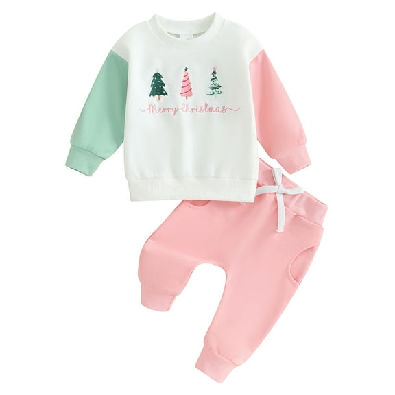 Elippeo Baby Girls Christmas Outfits 3M 6M 12M 18M 24M 3Y Christmas Tree Embroidery Contrast Color Long Sleeve Sweatshirts and Pants 2Pcs Fall Clothes Set