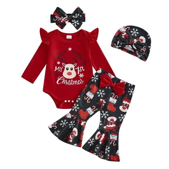 Elippeo Baby Girls Christmas Outfits Elk Print Long Sleeves Romper and Elastic Flared Pants Headband Hat Set 4 Piece Clothes 3 6 9 12 Months
