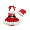 thumbnail image 1 of Elippeo Baby Girls Christmas Romper Dress 3M 6M 12M 18M 24M Sequins White Plush Trim Patchwork Halterneck Sleeveless Tutu Jumpsuits with Hat, 1 of 10