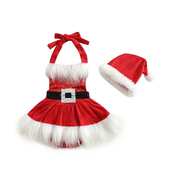 Elippeo Baby Girls Christmas Romper Dress 3M 6M 12M 18M 24M Sequins White Plush Trim Patchwork Halterneck Sleeveless Tutu Jumpsuits with Hat