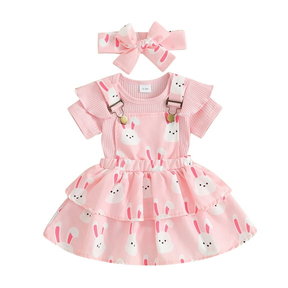 Elippeo Baby Girls Cute Outfit 3 6 12 18 24 Months Short Sleeve Rompers and Floral Suspenders Skirt Headband Summer Clothes Set