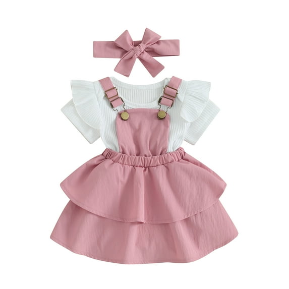 Elippeo Baby Girls Dress Set 3 6 12 18 24 Months Short Sleeve Romper with Layered Suspender Dress and Headband Summer Outfit