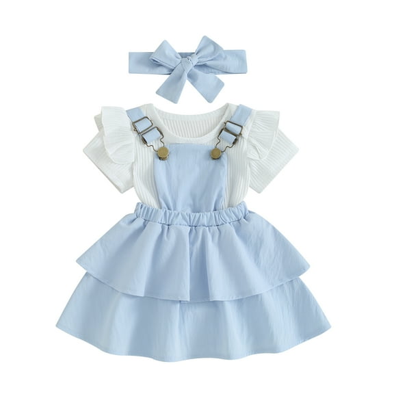 Elippeo Baby Girls Dress Set 3 6 12 18 24 Months  Short Sleeve Romper with Layered Suspender Dress and Headband Summer Outfit