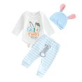 thumbnail image 1 of Elippeo Baby Girls Easter Infant Baby Girls Boys Pants Sets 3M 6M 12M 18M Long Sleeve Letter Bunny Print Romper Tops Striped Pants Hat Set, 1 of 10