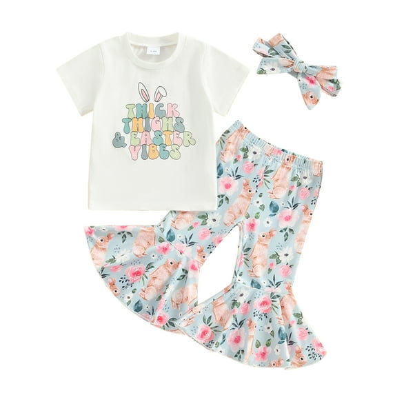 Elippeo Baby Girls Easter Outfit 6 9 12 18 24 Months 3 Years Bunny Print Short Sleeve T-shirt with Flare Pants Headband Clothing Set