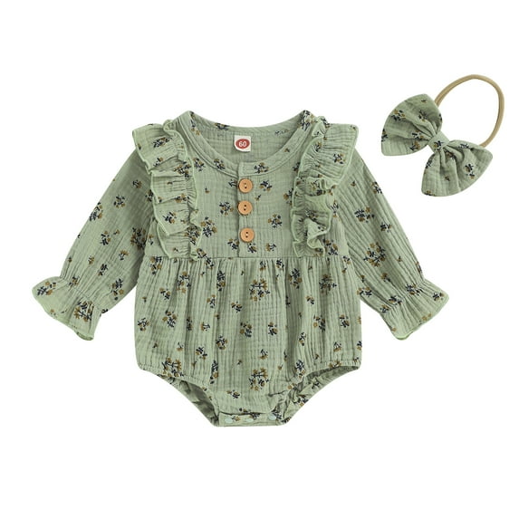 Elippeo Baby Girls Floral Baby Girls Romper 3M 6M 9M 12M Autumn Cotton Casual Kids Clothes Long Sleeve Crewneck Princess Jumpsuit with Headband Set